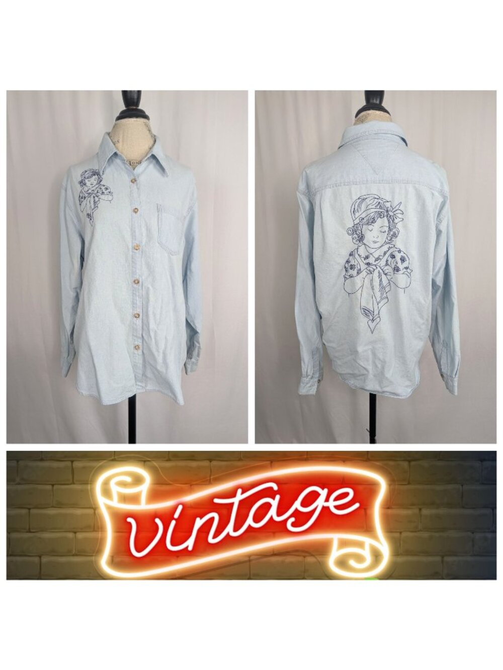 Vintage 90s Hand Embroidered Line Art Shirt Large Chambray